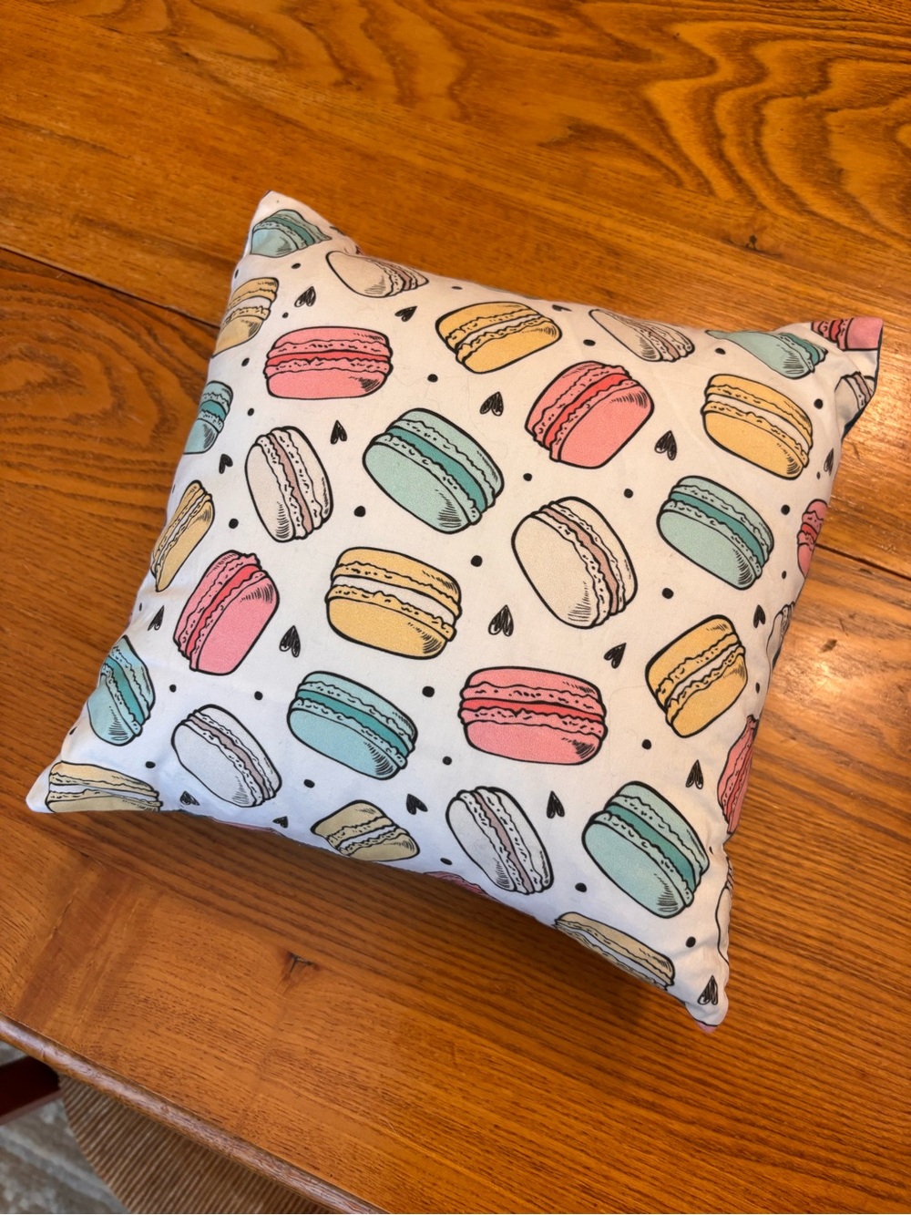 Decorative Macaron Print Throw Pillow in Pink, Yellow, Mint 12x12” Handmade